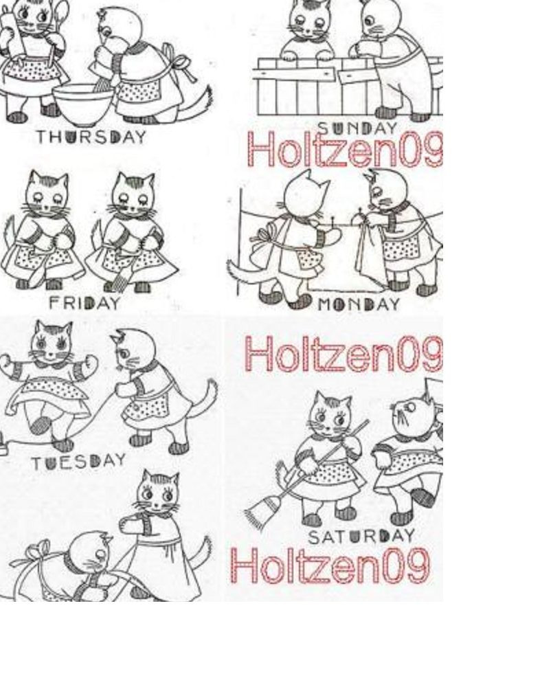 Working Kittens Cat's Housework Towels DOW Embroidery transfer pattern