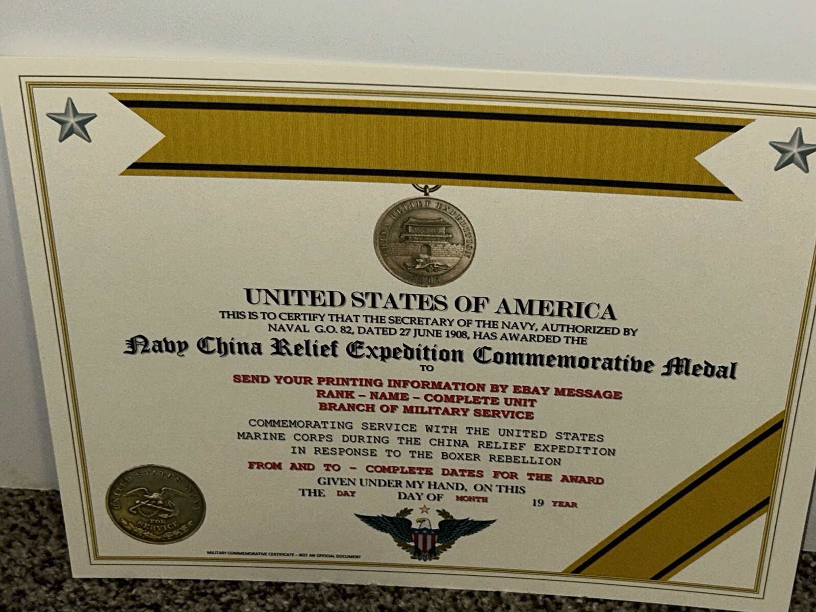 NAVY CHINA RELIEF EXPEDITION COMMEMORATIVE MEDAL CERTIFICATE ~ W/PRINTING TYPE-1