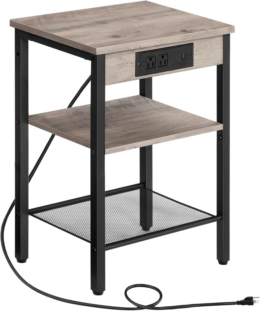 Side Table W/ Charging Station & USB Port Small End Table Small Space 3-Tier