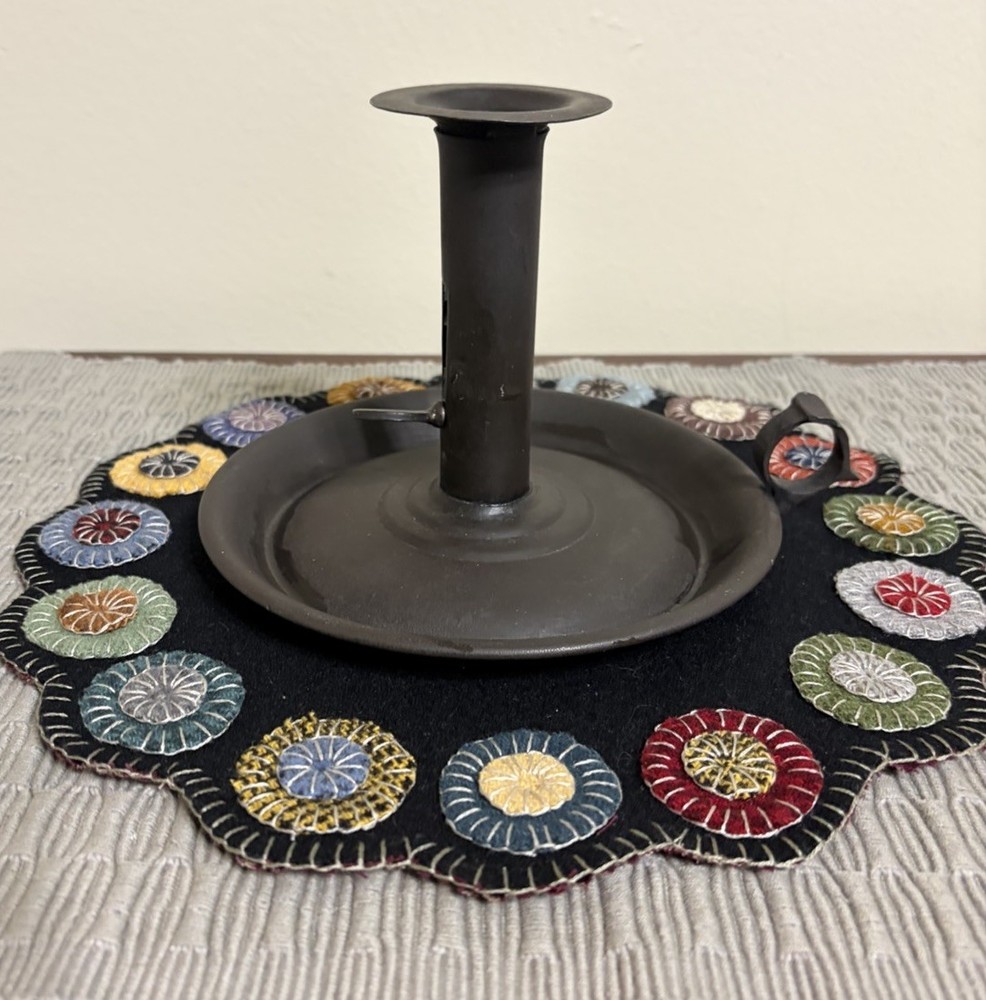 Hand Stitched Primitive Wool Penny Candle Mat 11”
