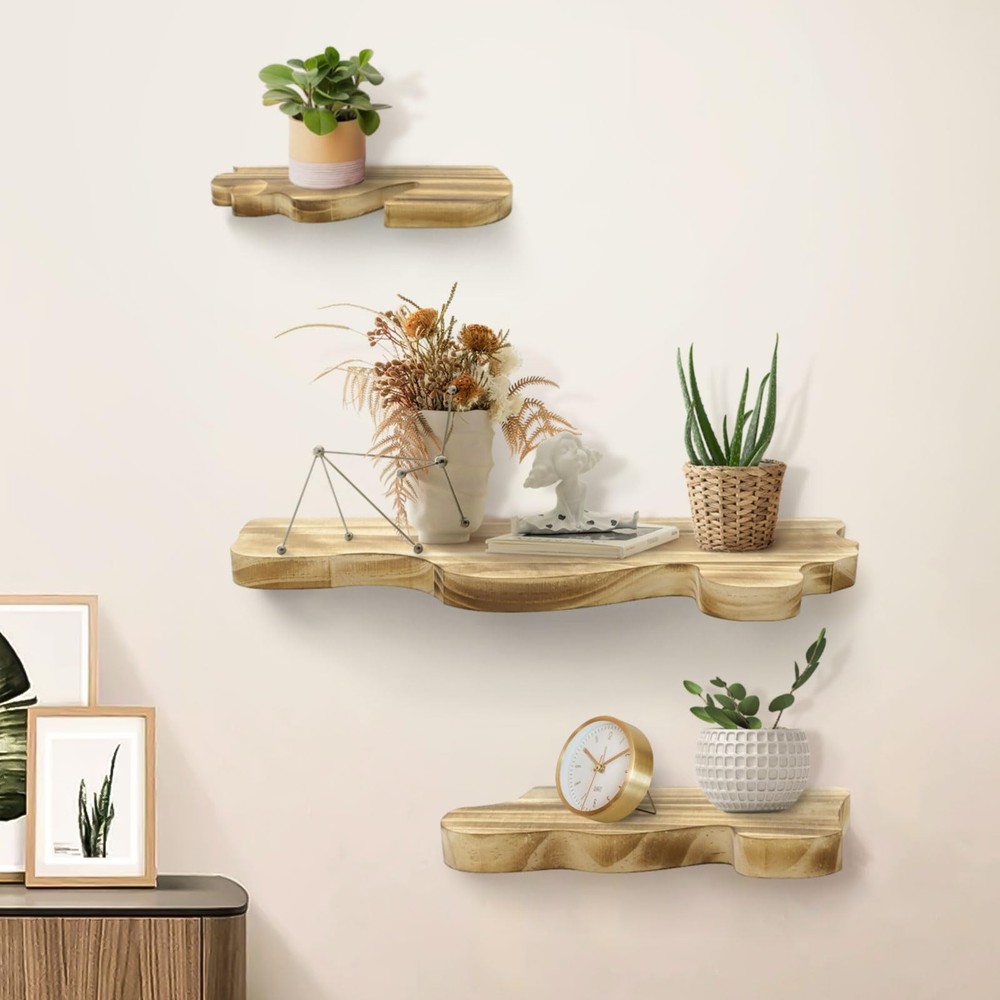 3 Sets Small Floating Shelves for Wall, 3 Size Rustic Live Edge Floating Shel...