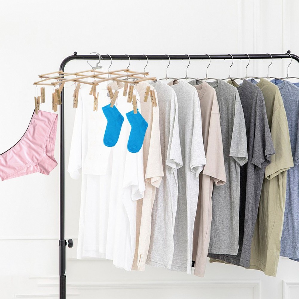 Bamboo Clothes Drying Rack With Multi Functional Peg Hooks