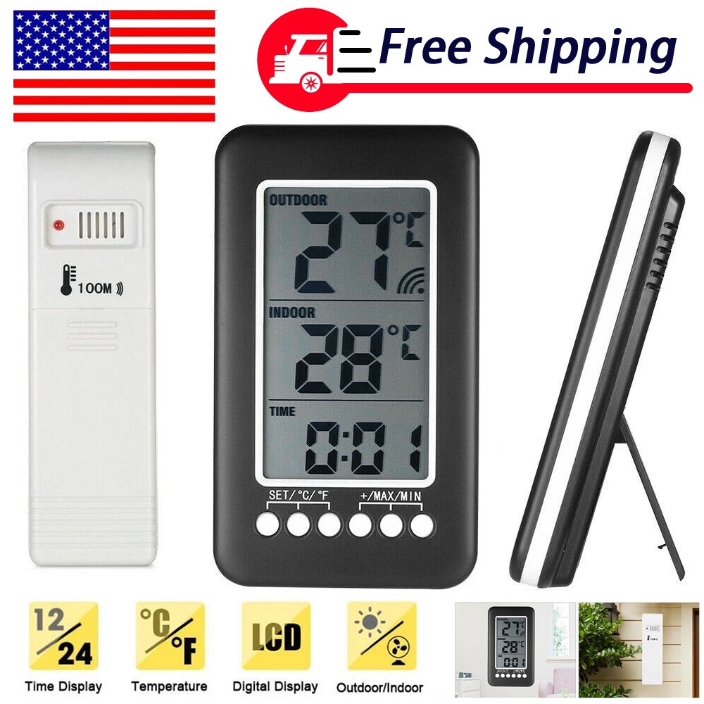 Indoor/Outdoor Digital Thermometer Clock Temperature Wireless Transmitter Meter