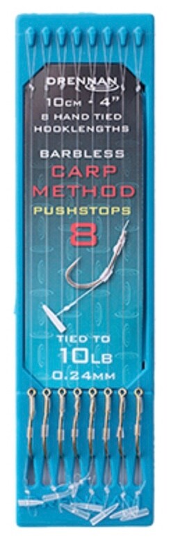 DRENNAN CARP METHOD PUSHSTOP 4” (10cm) TIED B’LESS HOOKLENGTHS - 8 PER PACK