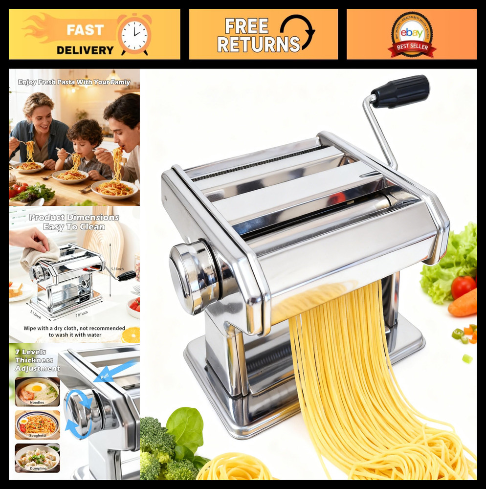 Manual Pasta Maker Machine - 7 Thickness Settings, Stainless Steel Noodle Roller
