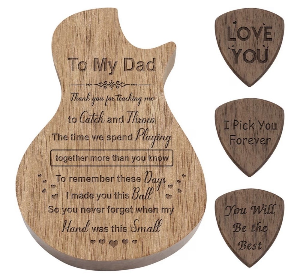 Engraved Personalized Wood Guitar Picks Box , Shaped Plectrum Container with 3