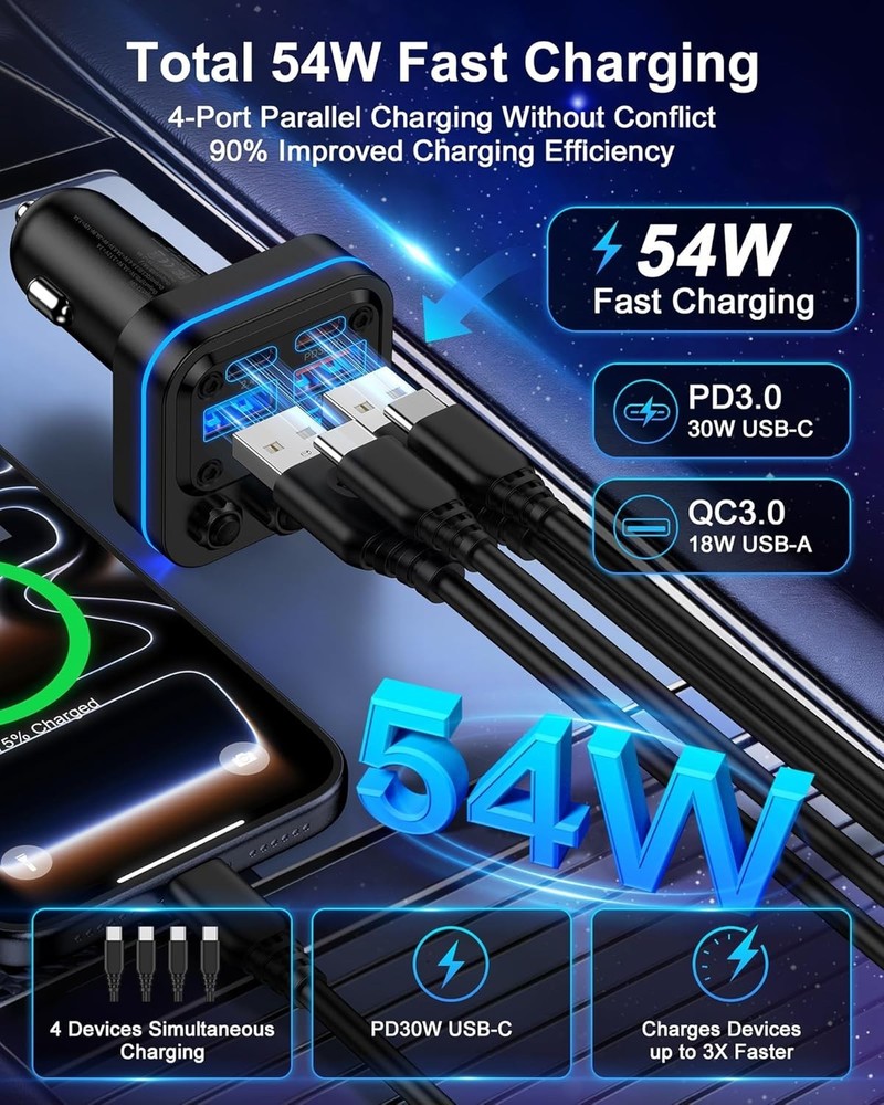 Bluetooth FM Transmitter Car 54W FastCharger USB C A Wireless for iPhone Samsung