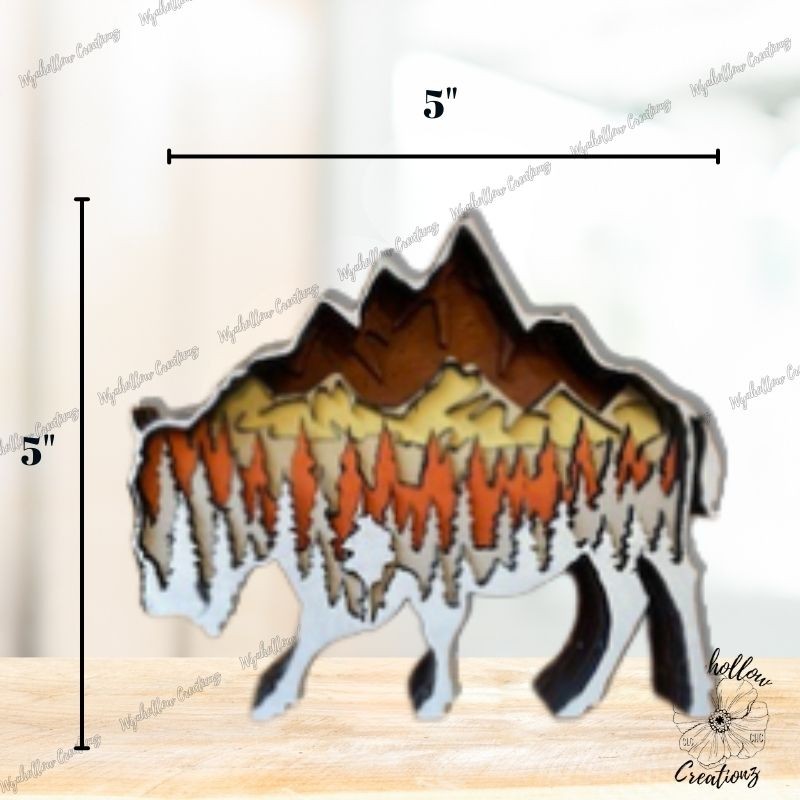 Bison Outline With Mountain Scene Wood Layer