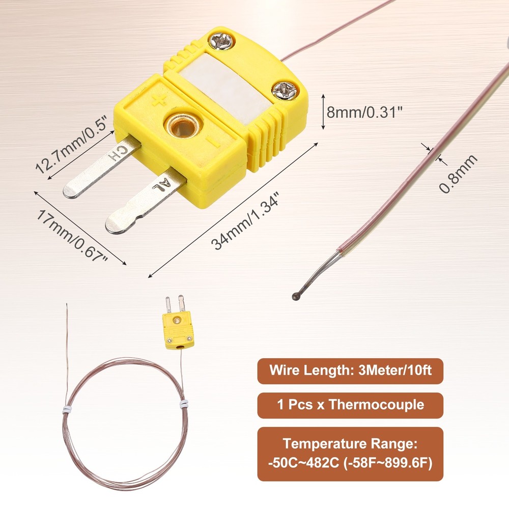K Type Thermocouple Mini Connector Temperature Sensor 10ft, 0.8mm Wire