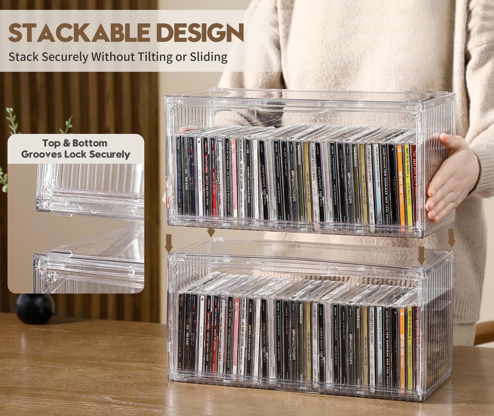 2Pack Clear CD Storage Box Stackable Holder Holds 68 Cases 14.66.37.1 In