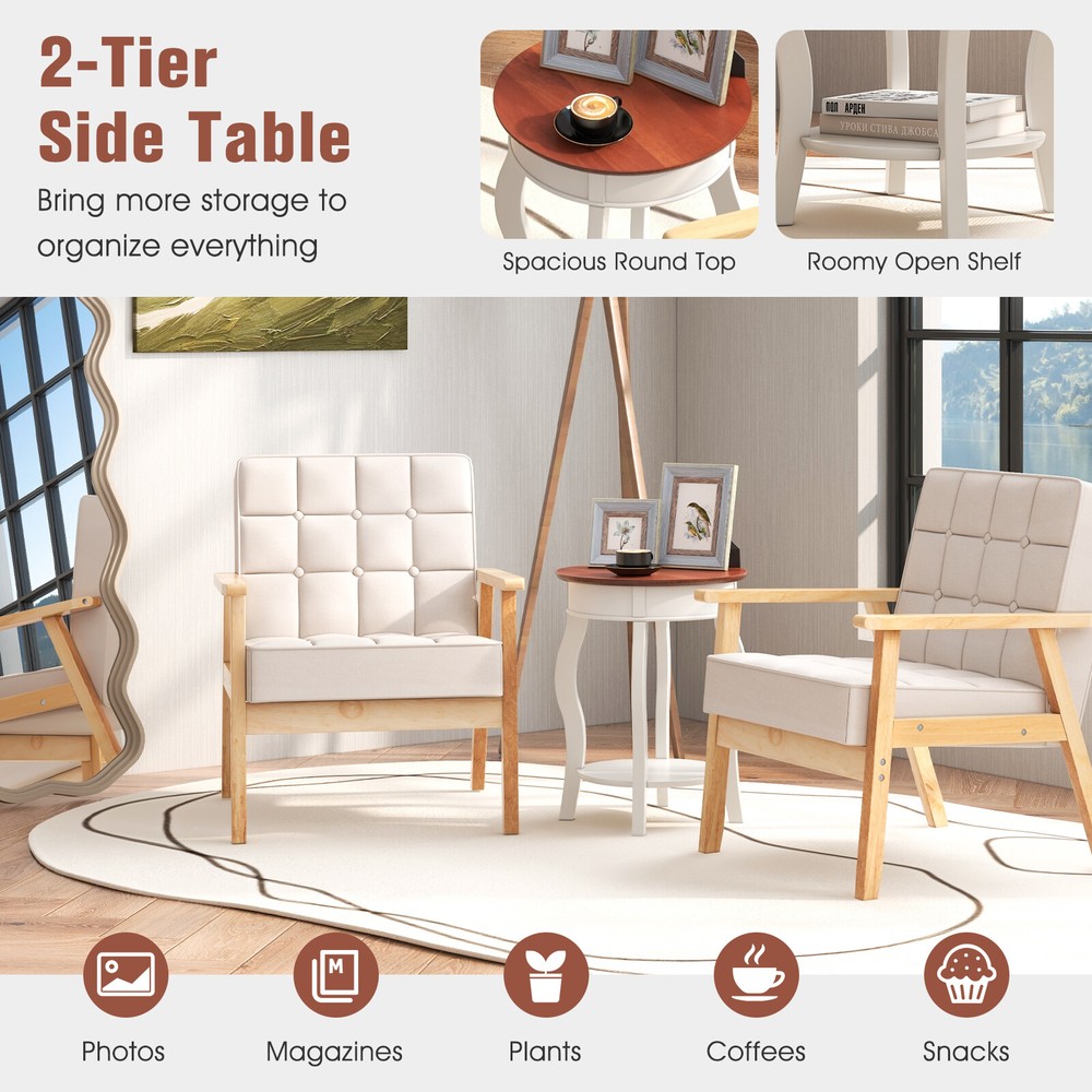 2-Tier Round End Table 17.5" Sofa Side Table with Storage Shelf White & Walnut