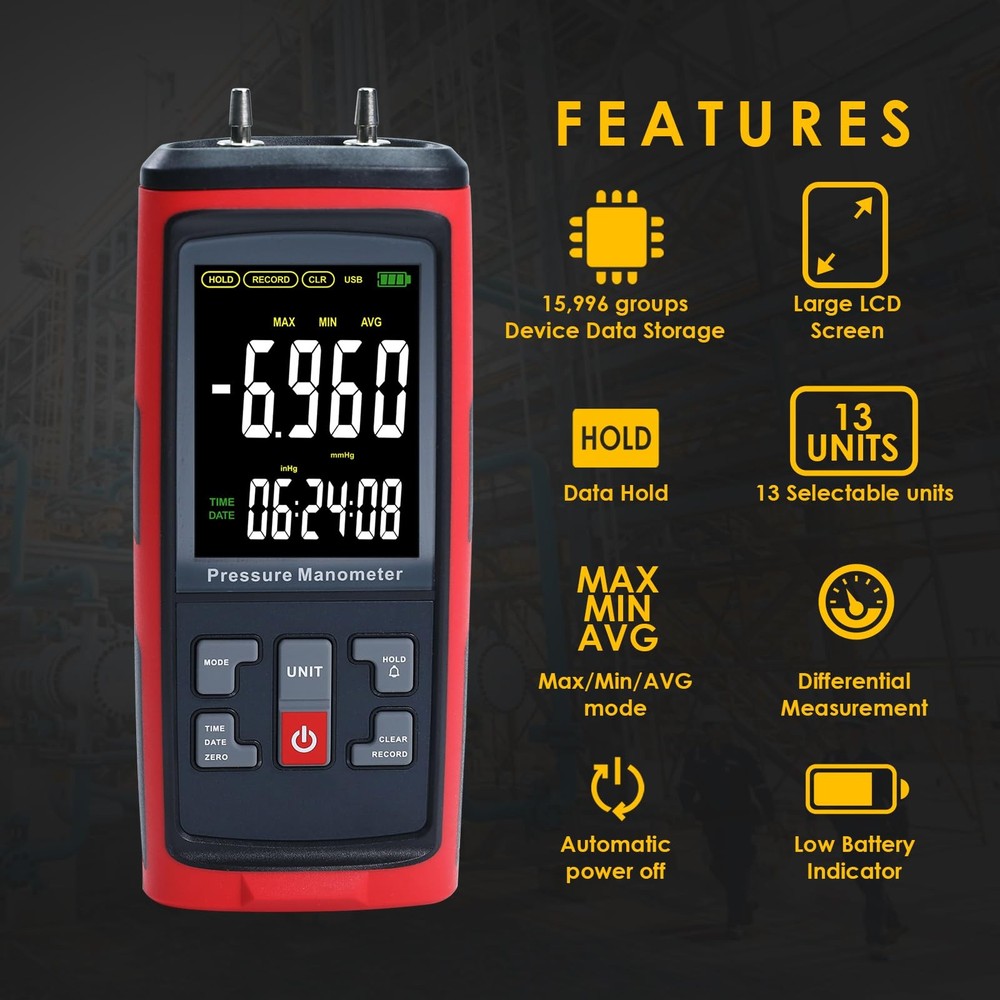 Manometer Data Logger Digital Manometer Gas Pressure Tester with ±200 inH2O M...