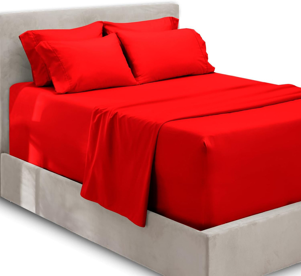 Queen Sheets Sets - 6 Piece, Extra Deep Pocket, Microfiber, Cherry Red