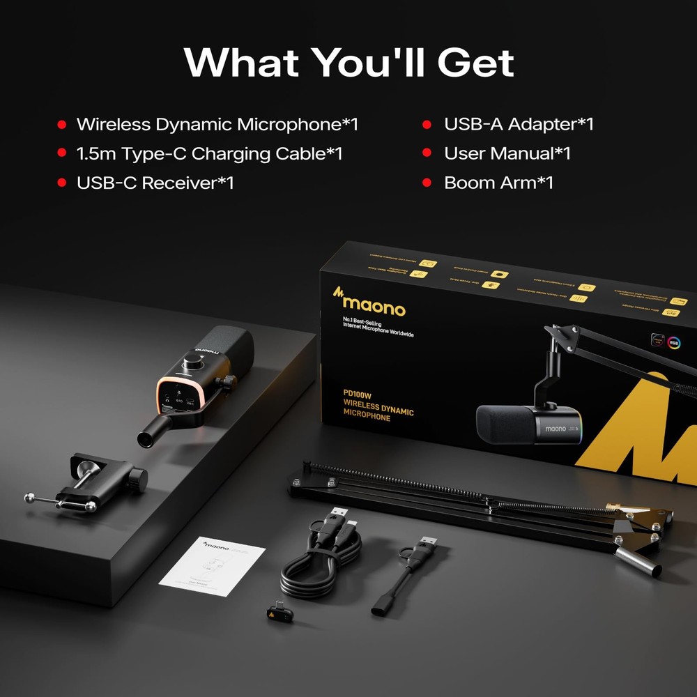 MAONO PD100WS Wireless Gaming Microphone for PC, USB-C Receiver, Black