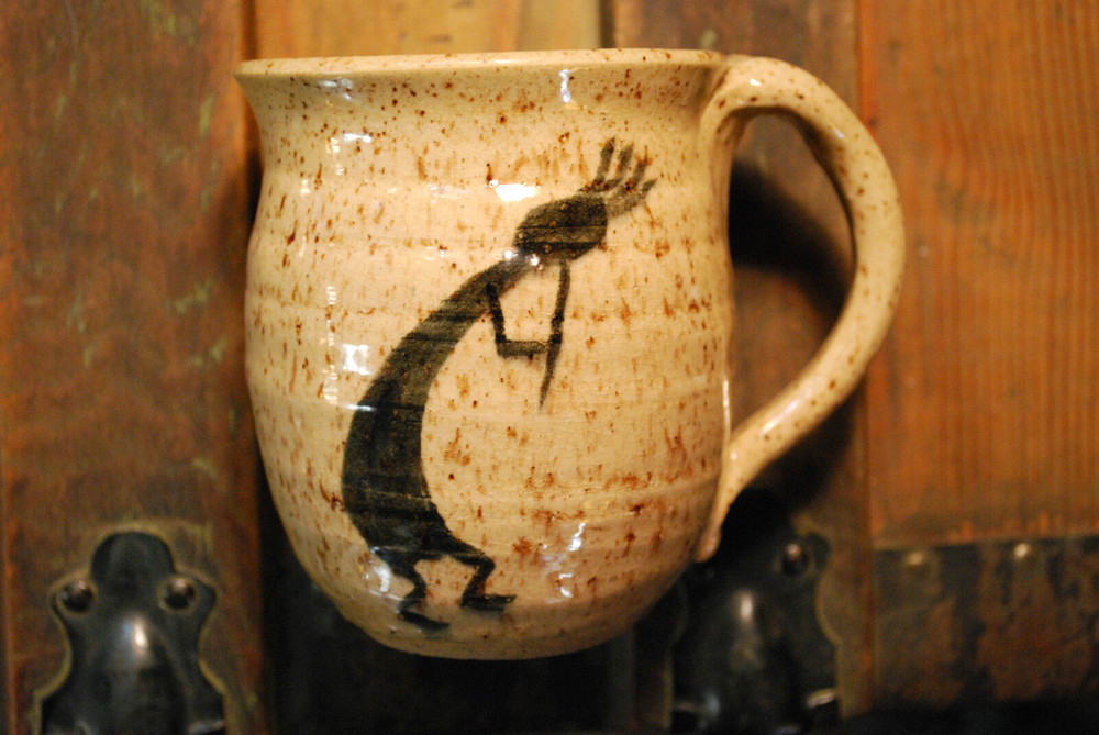 Studio Hand Crafted Pottery Mug NATIVE KOKOPELI FIGURE PLAYING FLUTE Signed