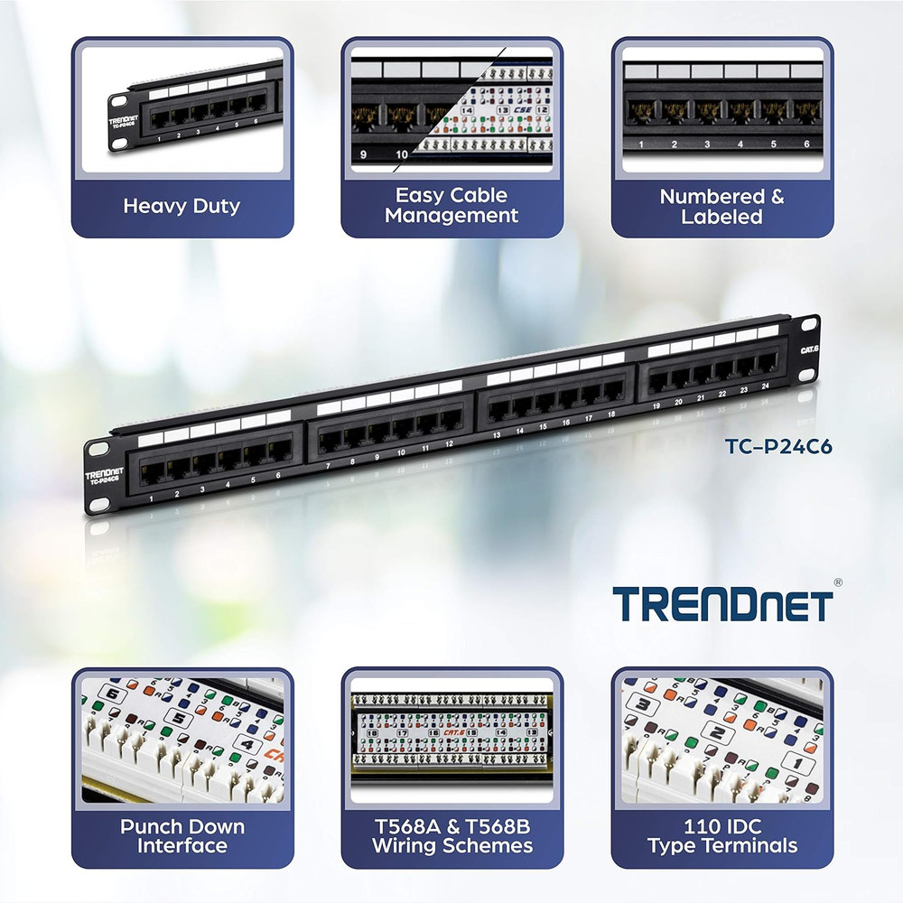 24-Port Cat6 Unshielded Patch Panel, Wallmount or Rackmount, Compatible with Cat
