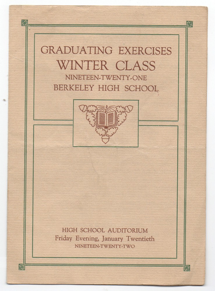 1921 Program from Graduating Exercises Berkeley High School CA