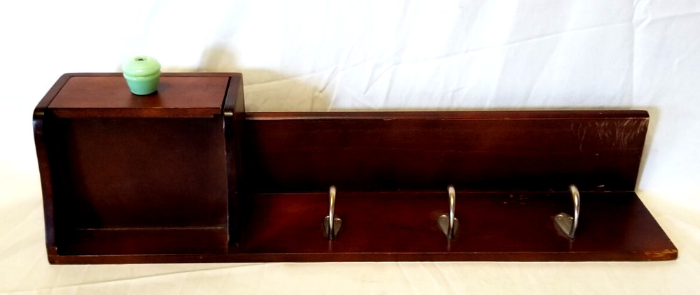 Solid Wood Wall Mount 20" Shelf 3 Key Coat Hooks Jadite Pull Drawer Plate Groove