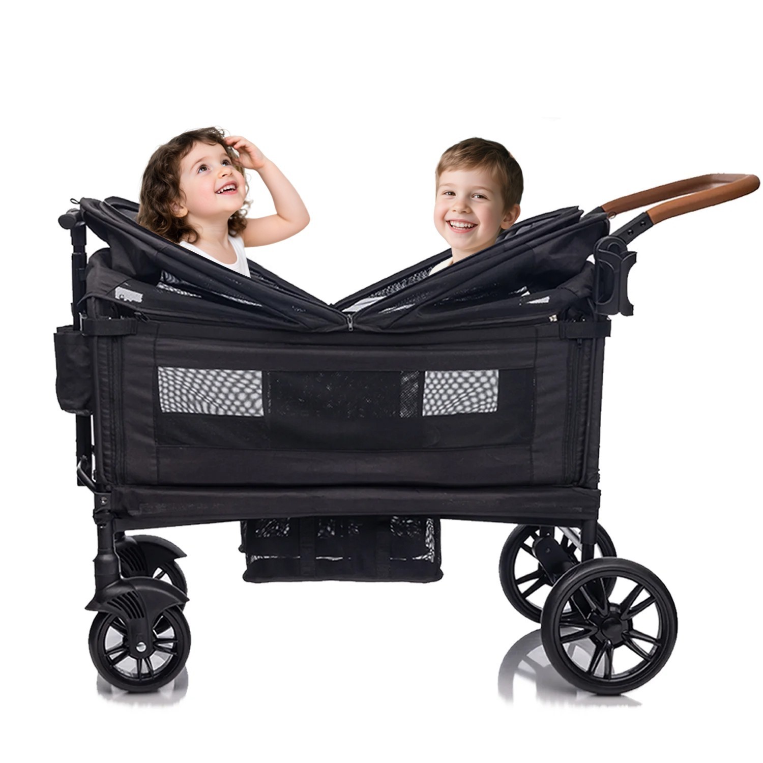 Wagon Stroller for 2 Kids with Adjustable Handle and Canopy,Kids Tray,Cup Holder