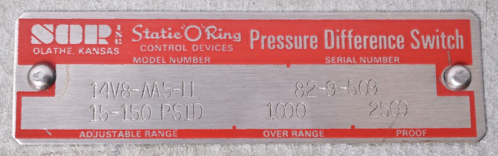 SOR Static O Ring Pressure Difference Switch 14V8-AA5-LL