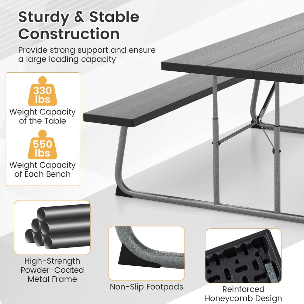 Folding Picnic Table w/ 2 Benches 6 FT Camping Table Set w/ Metal Frame
