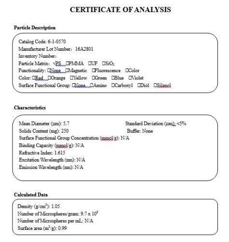 Monodispersed Polystyrene Particles Microspheres Beads Latex PS size 5.0-9.6 um