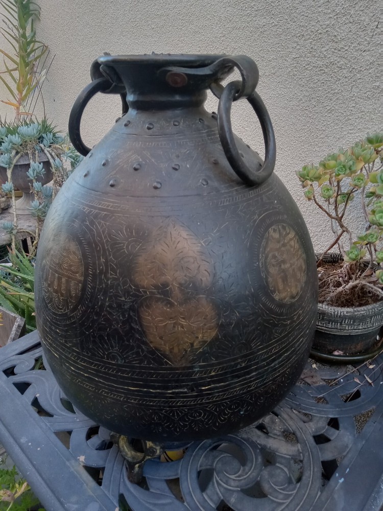 Antique Middle Eastern Etched Bronze Large Water Jug