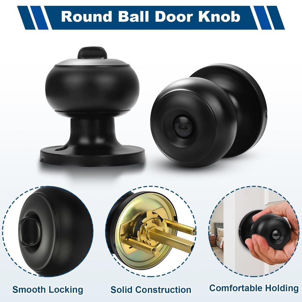 Estmoon 5 Pack Interior Door Knobs Black Privacy Door Handle, Keyless Door Lo...