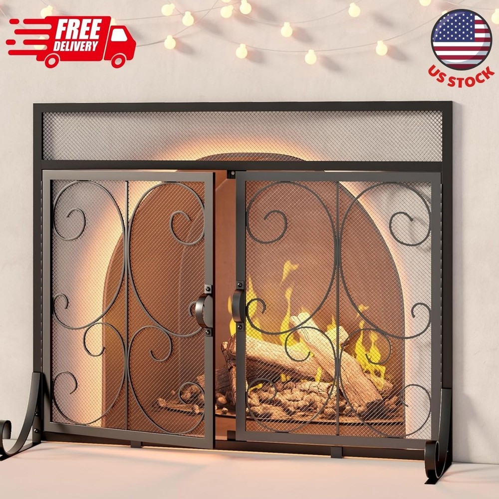 Flat Fireplace Screen with Doors, Wrought Iron Frame with Metal Mesh, Flat Panel