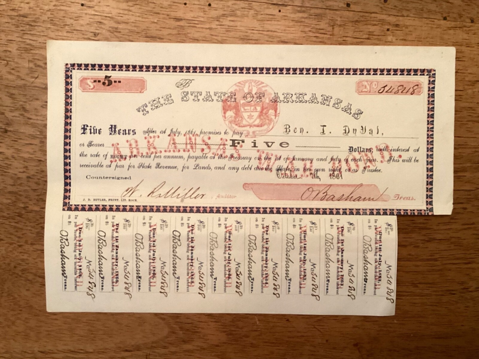 1861 Rare $5 Five Dollar State of Arkansas “War Bond” With Coupons Civil War Era