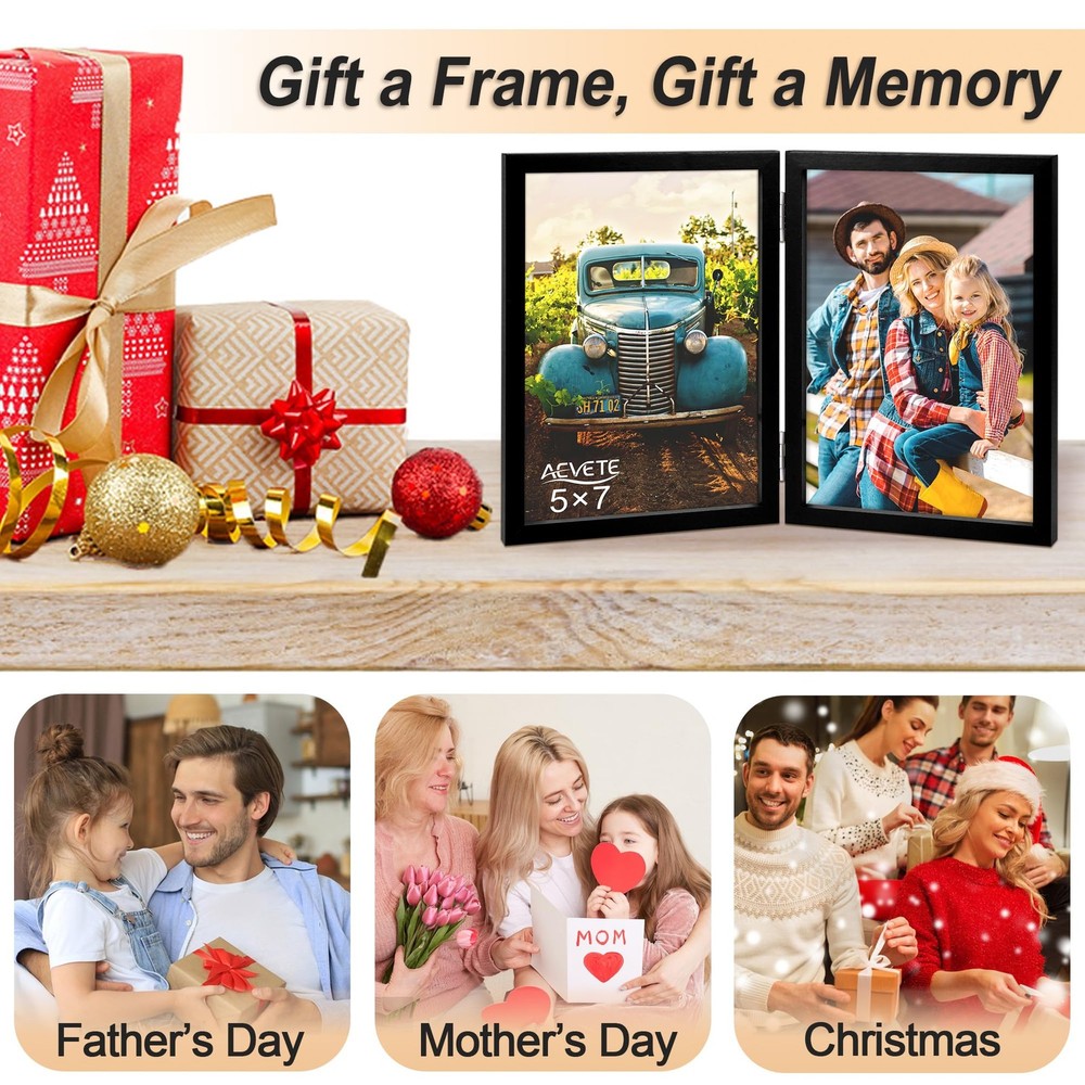 5x7 Picture Frames Double Hinged Wood Folding Photo Frames Vertical with Plex...