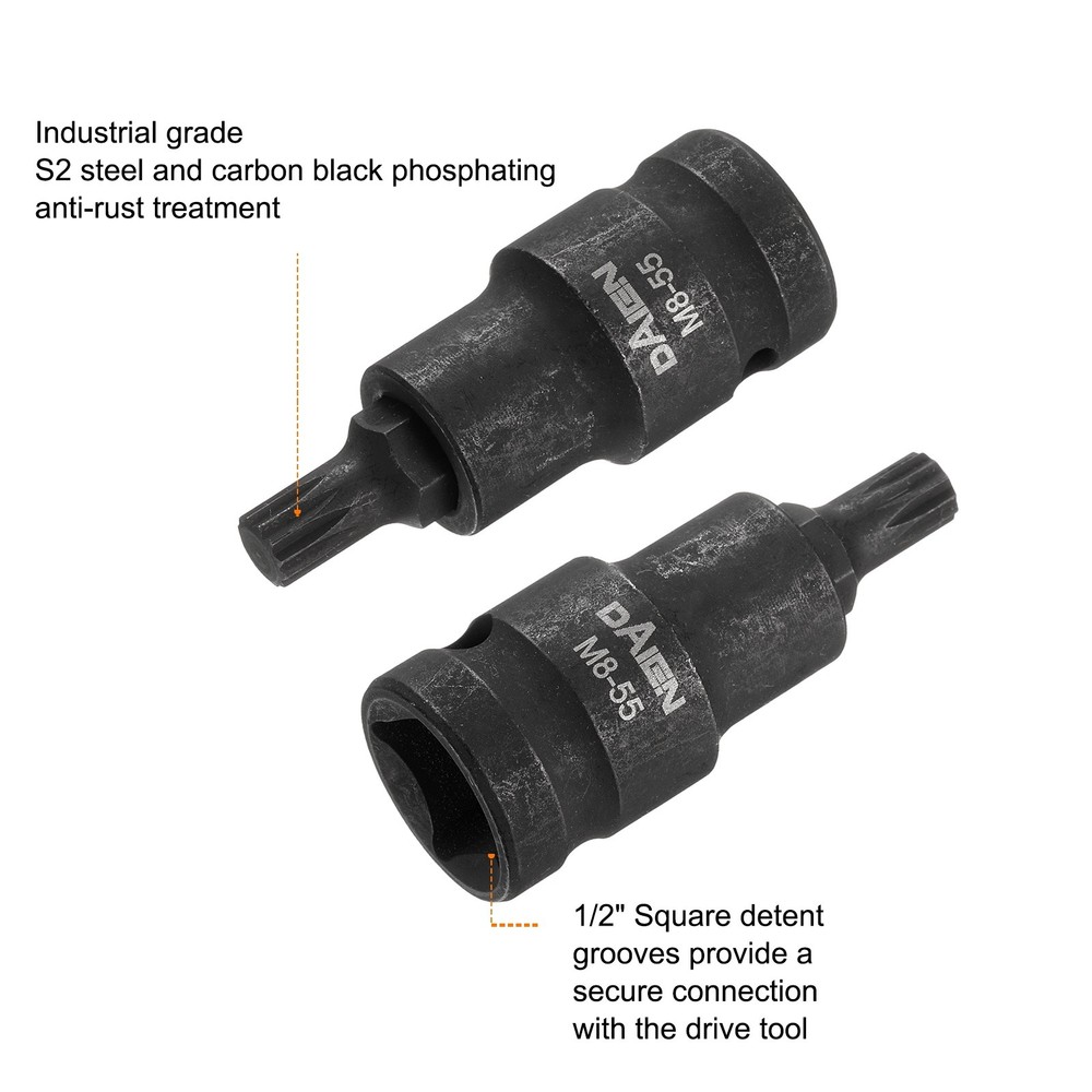 2pcs M8 12 Point Spline Bit Socket 55mm Length 1/2" Square Impact Bit, Black