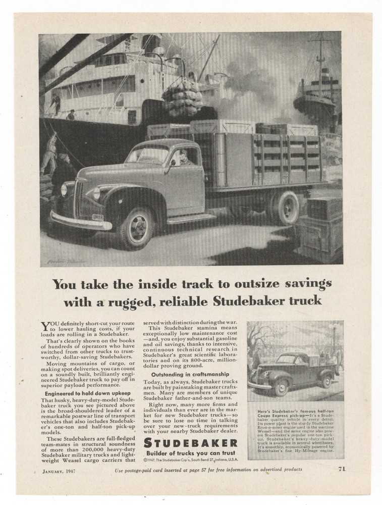 1947 Studebaker Trucks Ad: Dually Stakebed & Coupe Express Pickup Pictured