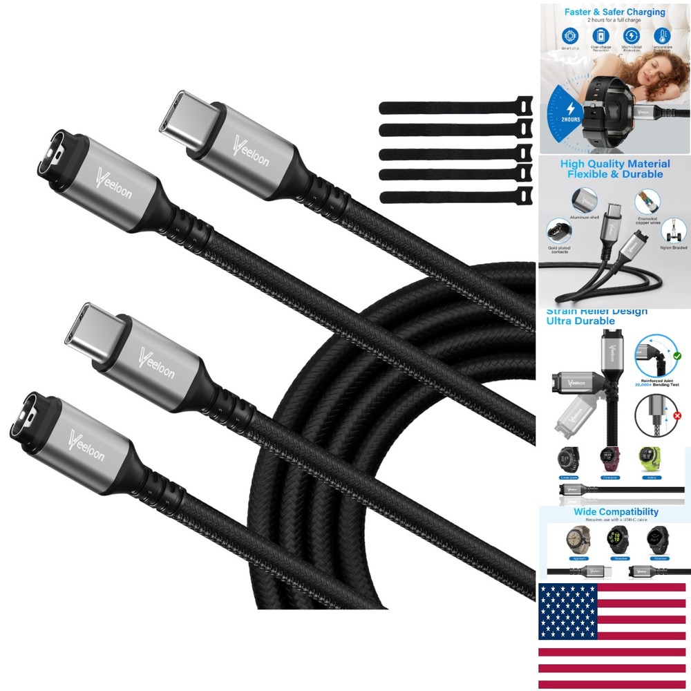 Durable USB-C Charger for Garmin Watch - 2 Pack 1FT Fast Charging Cables