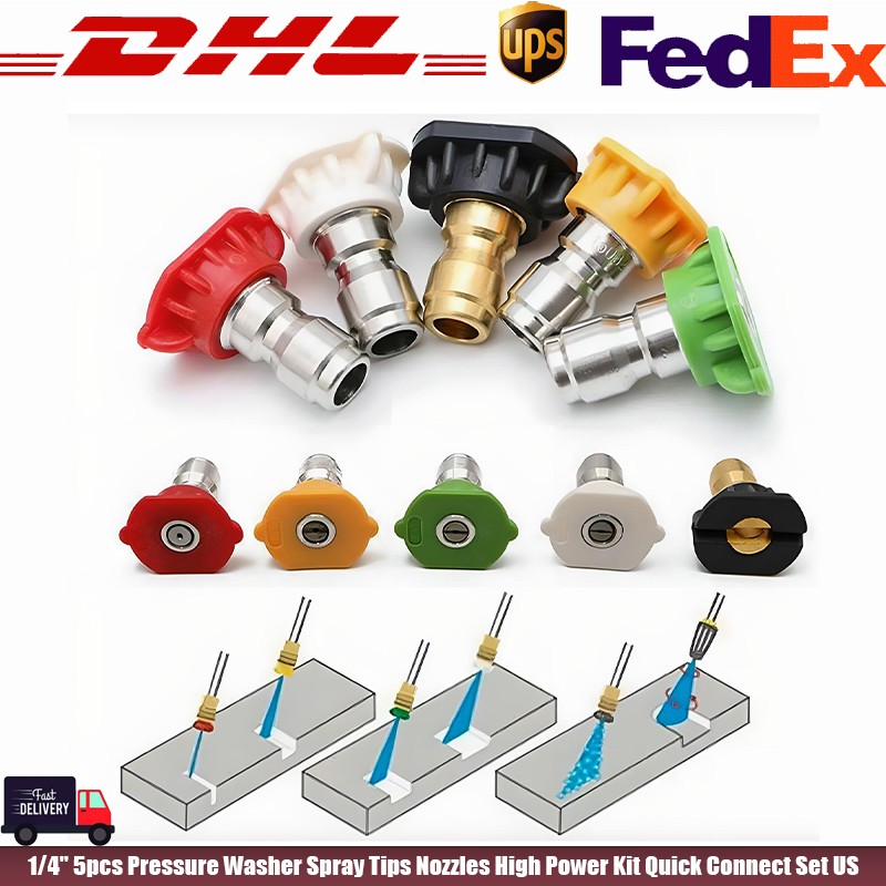 1/4" 5pcs Pressure Washer Spray Tips Nozzles High Power Kit Quick Connect Set US