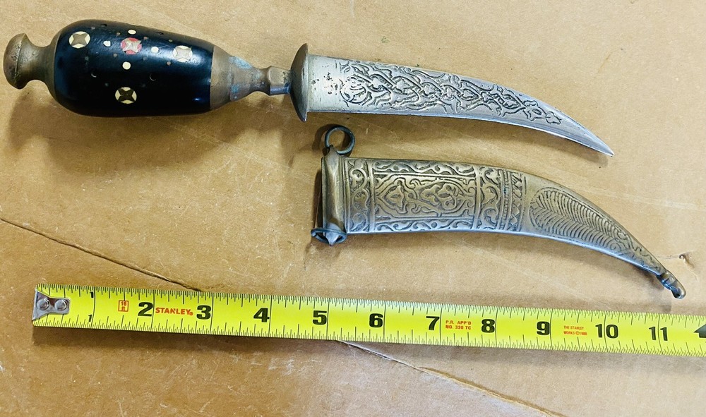 11” Engraved Dagger / Knife with Engraved Scabbard. Origin Unknown