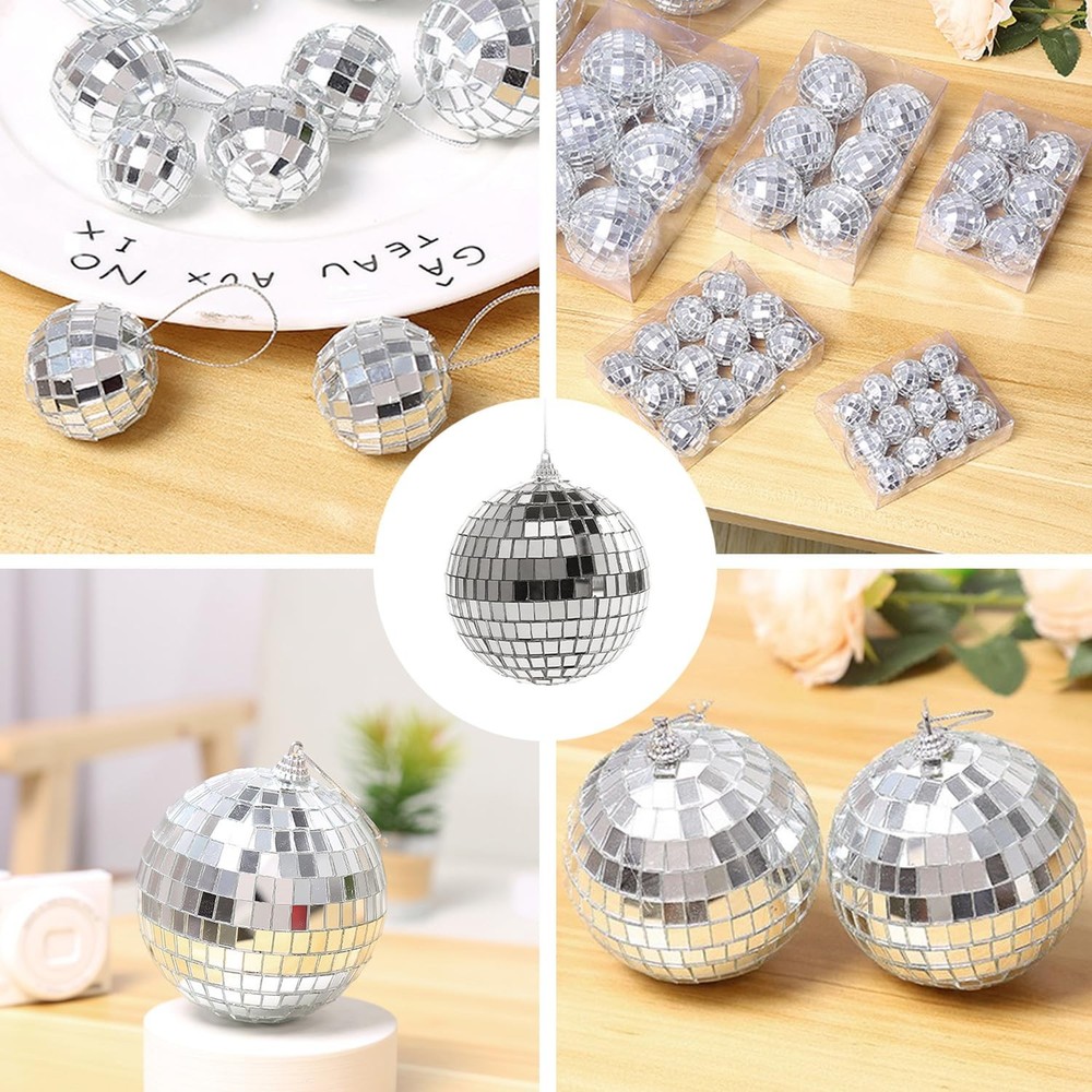 26 Pack Disco Ball Decorations Set - 24 Mirror Mini Glass Hanging Silver