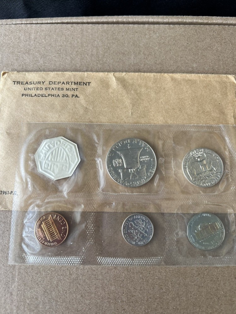 1961 US Mint Proof Set 5 Coins 90% Silver Original Envelope & Cello Flat Pack