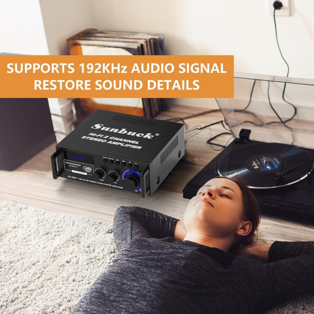 Sunbuck Small Stereo Amplifier, Receiver with Bluetooth, Black