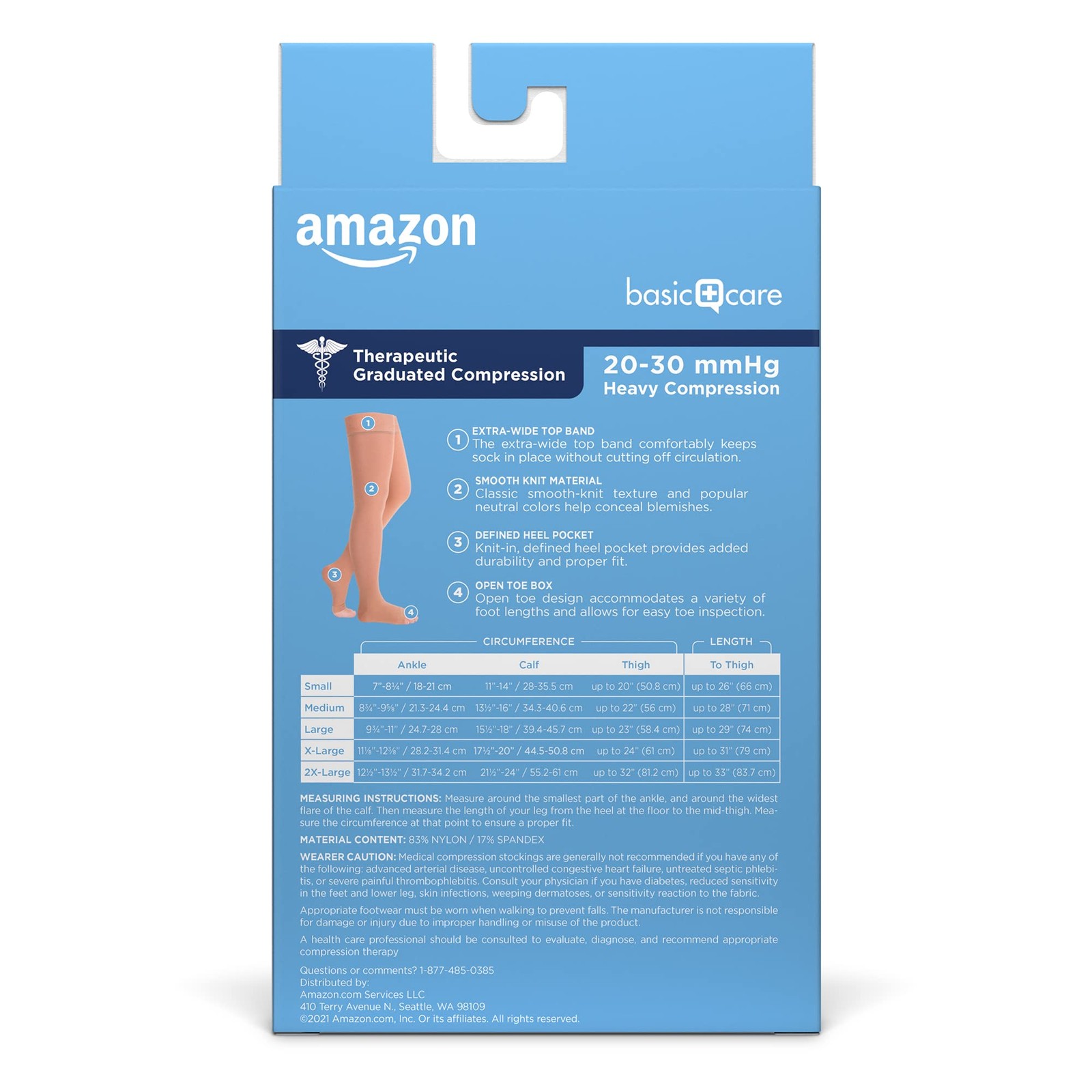 Amazon Basic Care Compression Stockings 20-30 mmHg, Open Toe, Thigh Length, Med