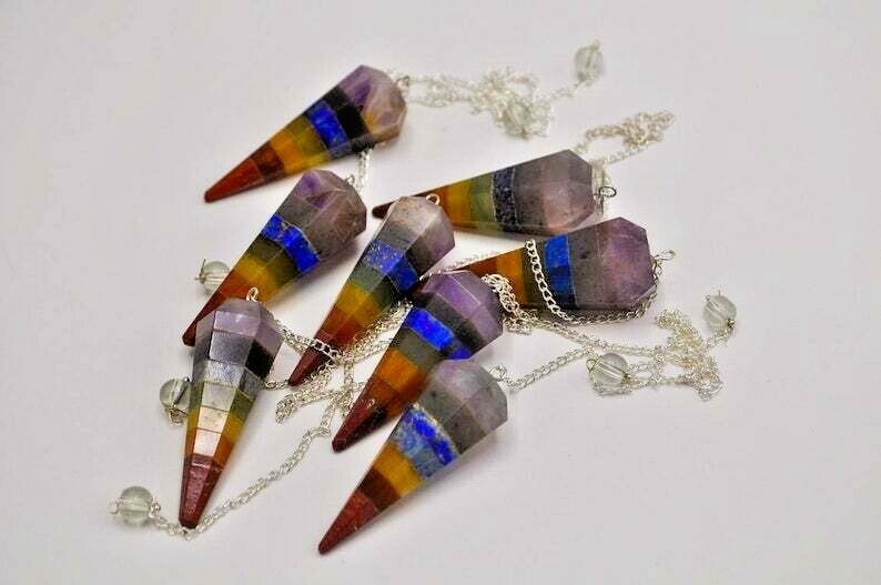7 Chakra Bonded Pendulum With Silver Plated Chain, Dowsing Energy Balancing