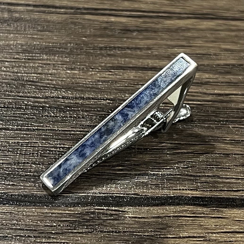Silver Border Sodalite Stone Tie Clip Men Birthday Wedding Gift Tie Bar