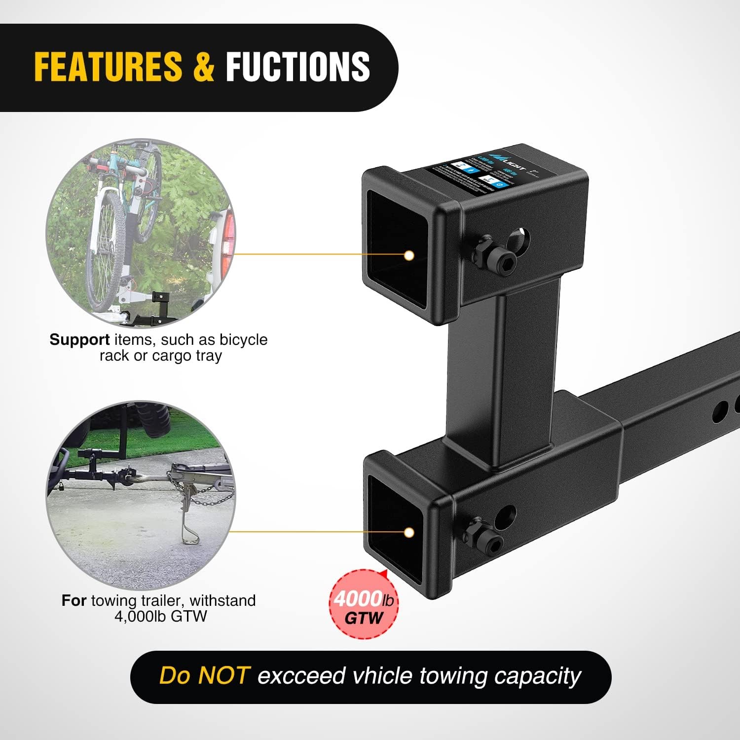 Nilight Dual Hitch Extender to 10 Inch Max Extension Length with Hitch Tightener