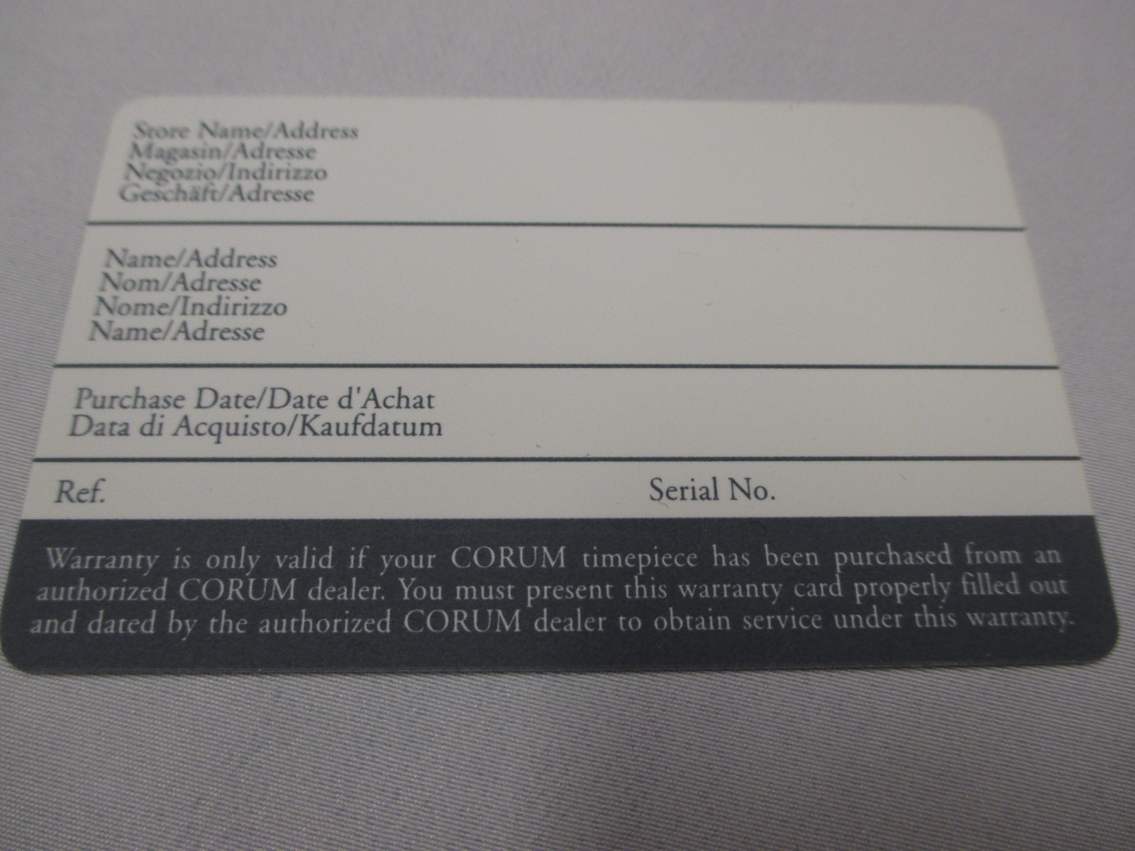 CORUM Open & Blank International Watch Warranty Card Genuine New-Old-Stock