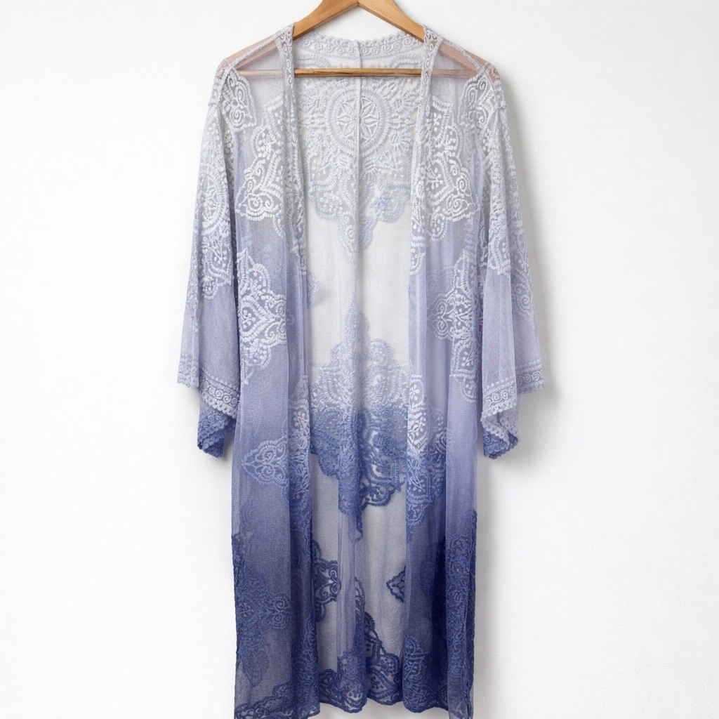 Boho Lace Kimono Duster Lavender Periwinkle Ombre Sheer Festival Cardigan OS