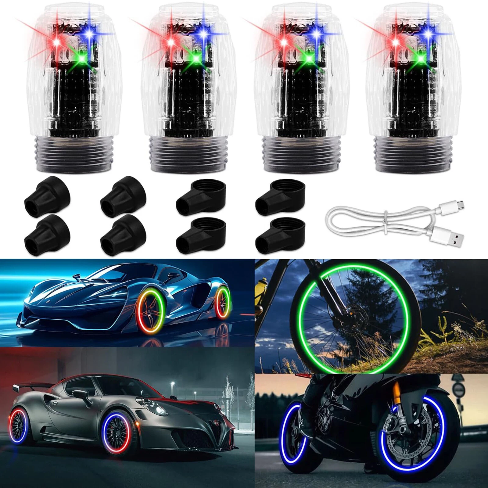 4Pcs Wheel Colorful Tire Light Valve Stem Cap Flashing Car Truck Motorcycle Bike