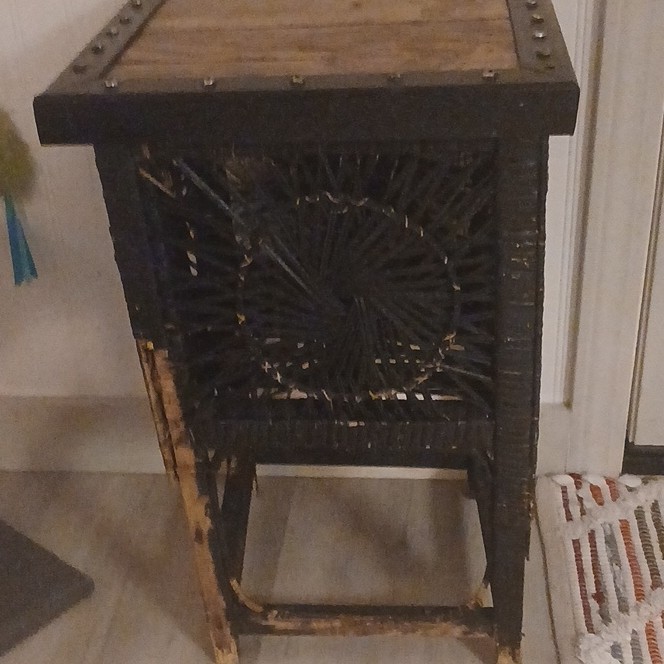 Antique Wood Wicker Square Stool Black Brown Geometric Pattern