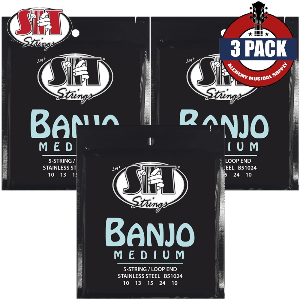 3-PACK SIT B51024 Medium Loop End Stainless Steel 5-String Banjo Strings 10-10