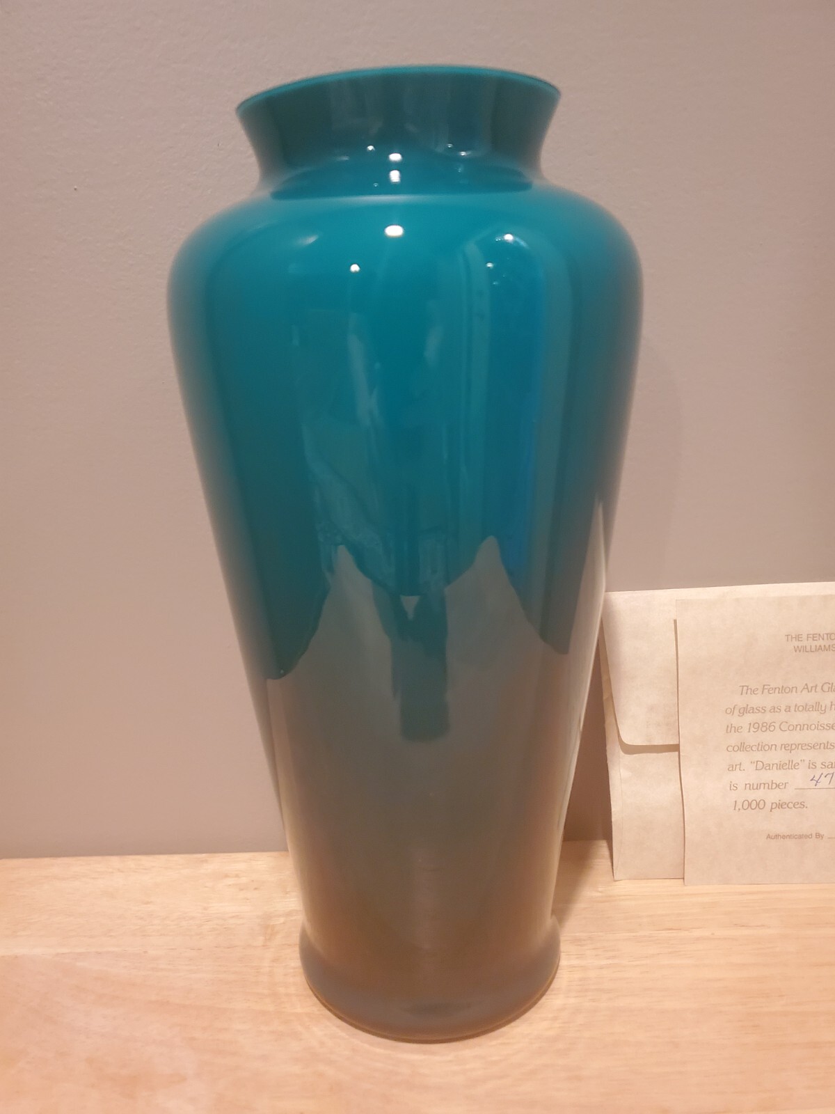 Fenton 1986 Sand carved Teal Vase Connoisseur Collection "Danielle"