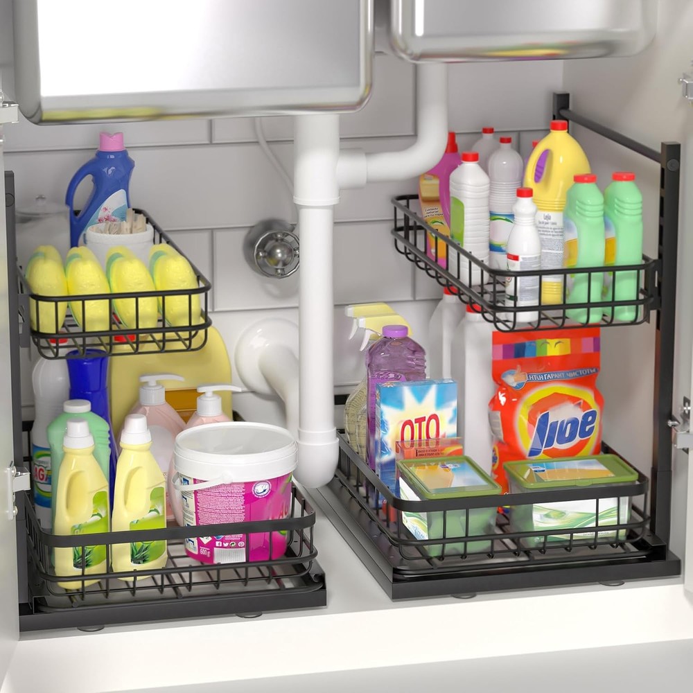 Under Sink Organizer Adjustable Height Pull-Out Kitchen Storage